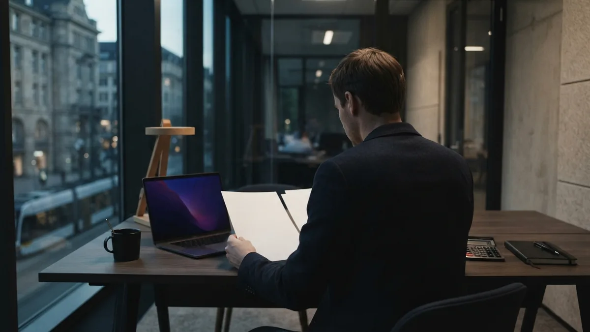 Business owner planning kennel costs at a quiet desk beside a laptop and coffee