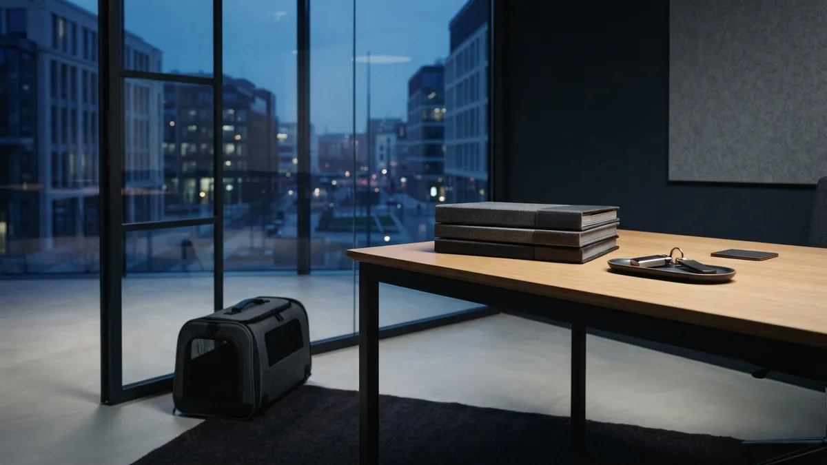 Secure pet carrier and organized folders in a bright meeting room for kennel planning