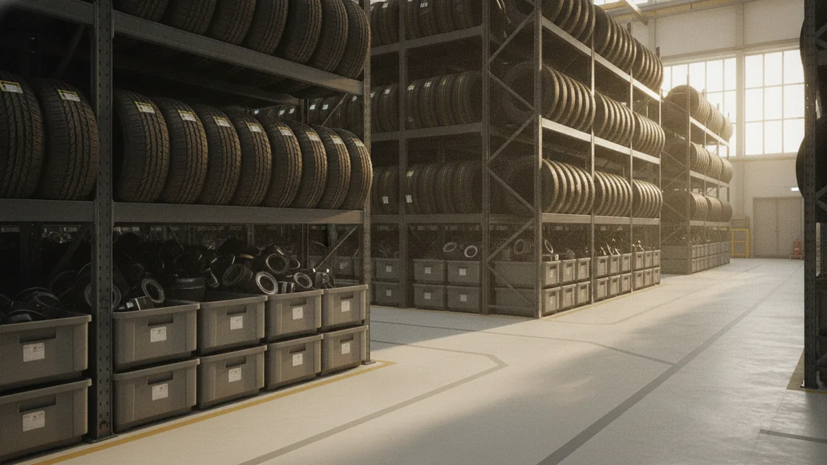 Organize tires for compliant operations Organized tire storage area that supports safe handling and compliant disposal workflows.