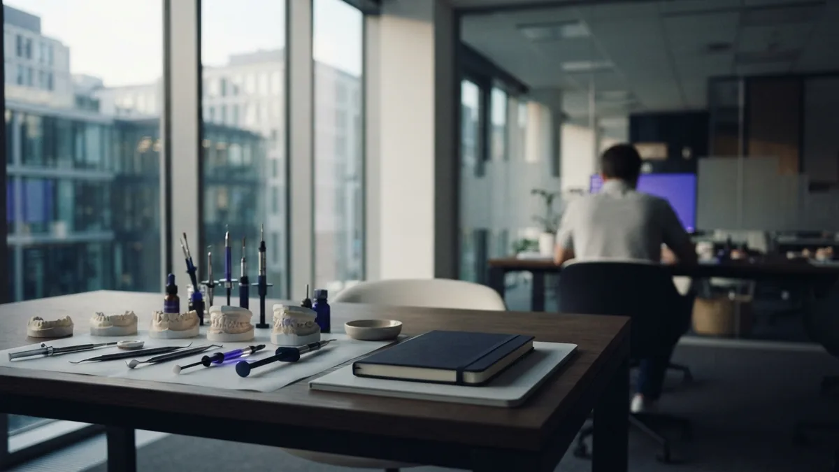 Tooth gem technician training Tooth gem training workspace with practice models and clean bonding tools