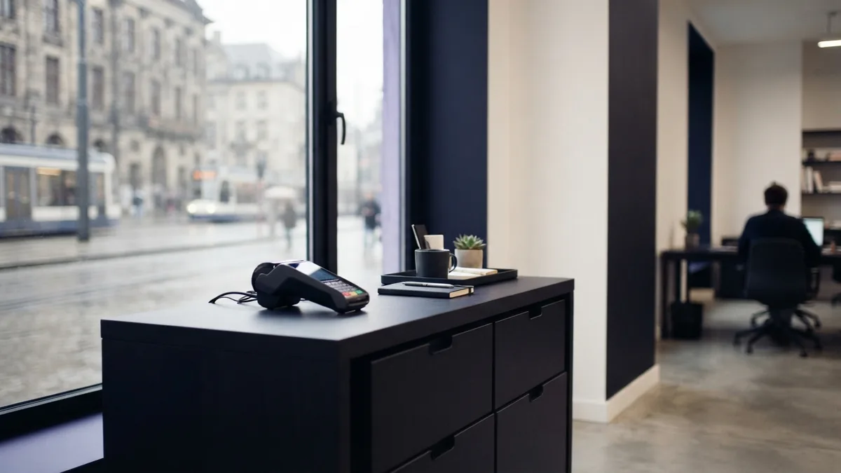 Modern tooth gem studio corner with organized supplies and a booking workspace