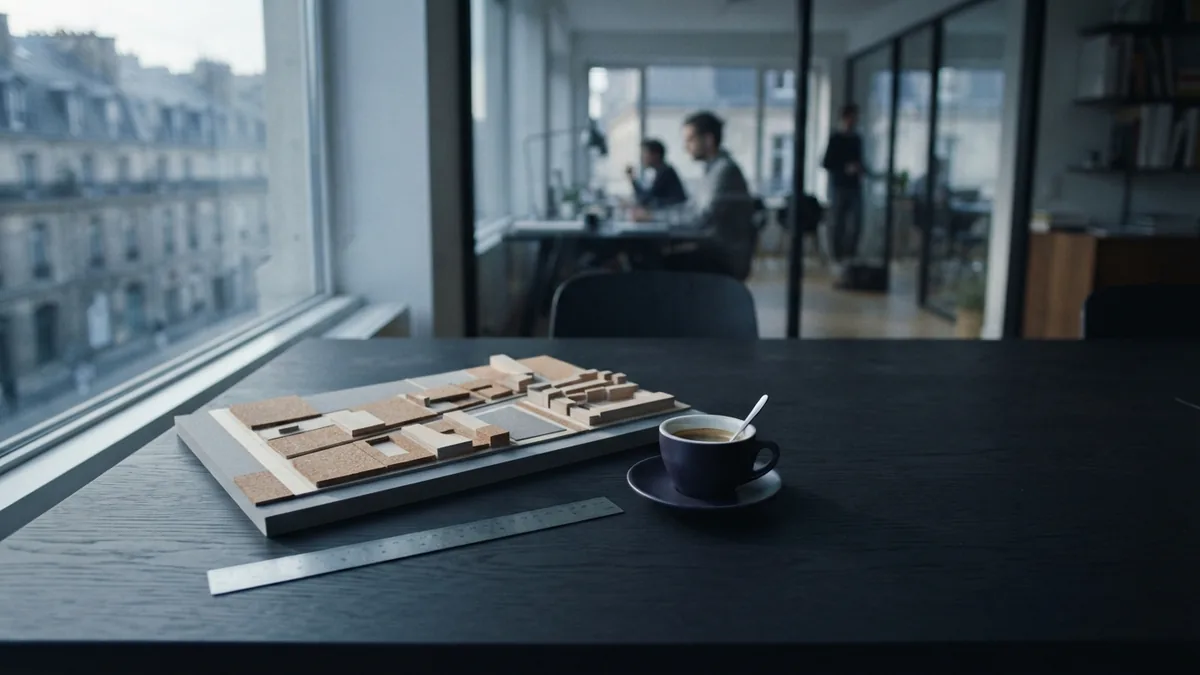 Desk with a land model and tools for a trailer park business plan
