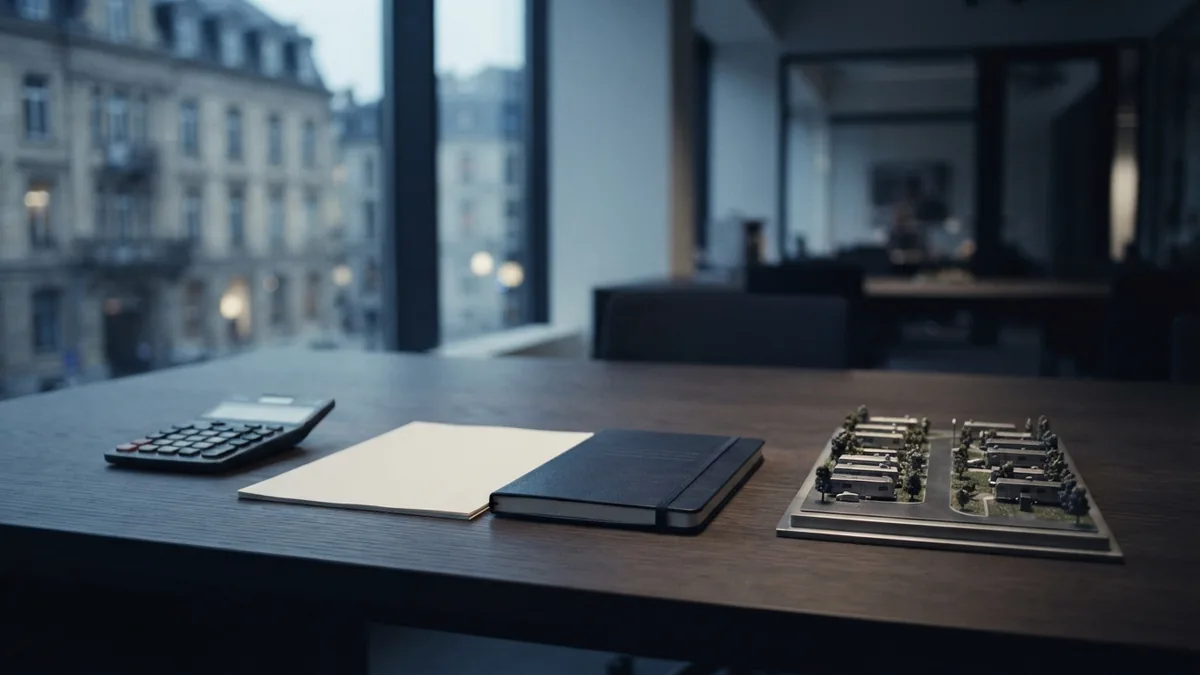 Minimal office desk for reviewing trailer park financing and project costs