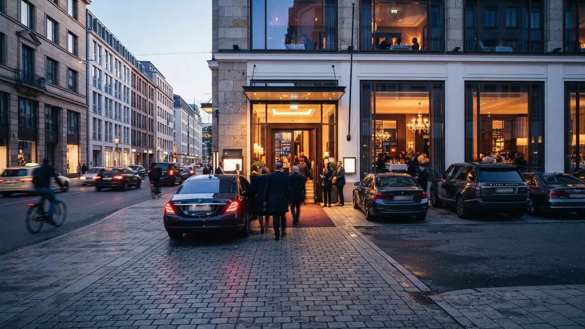 Busy restaurant entrance with organized valet drop-off lane and parked vehicles