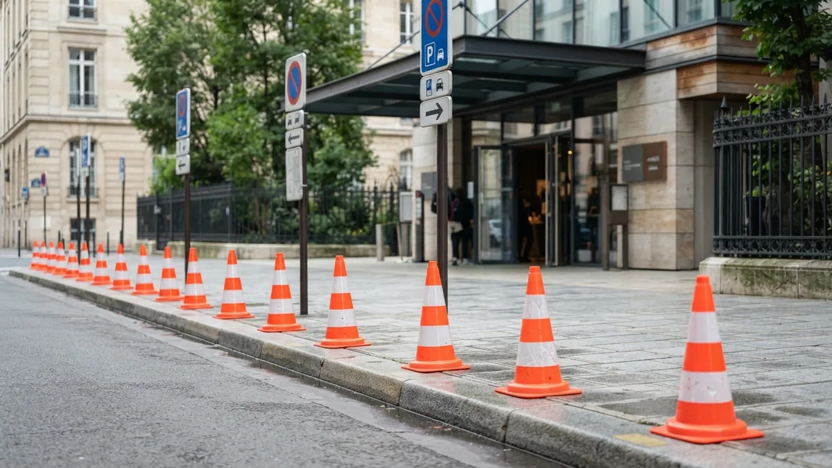Valet signs and traffic cones arranged beside a city curb near a venue