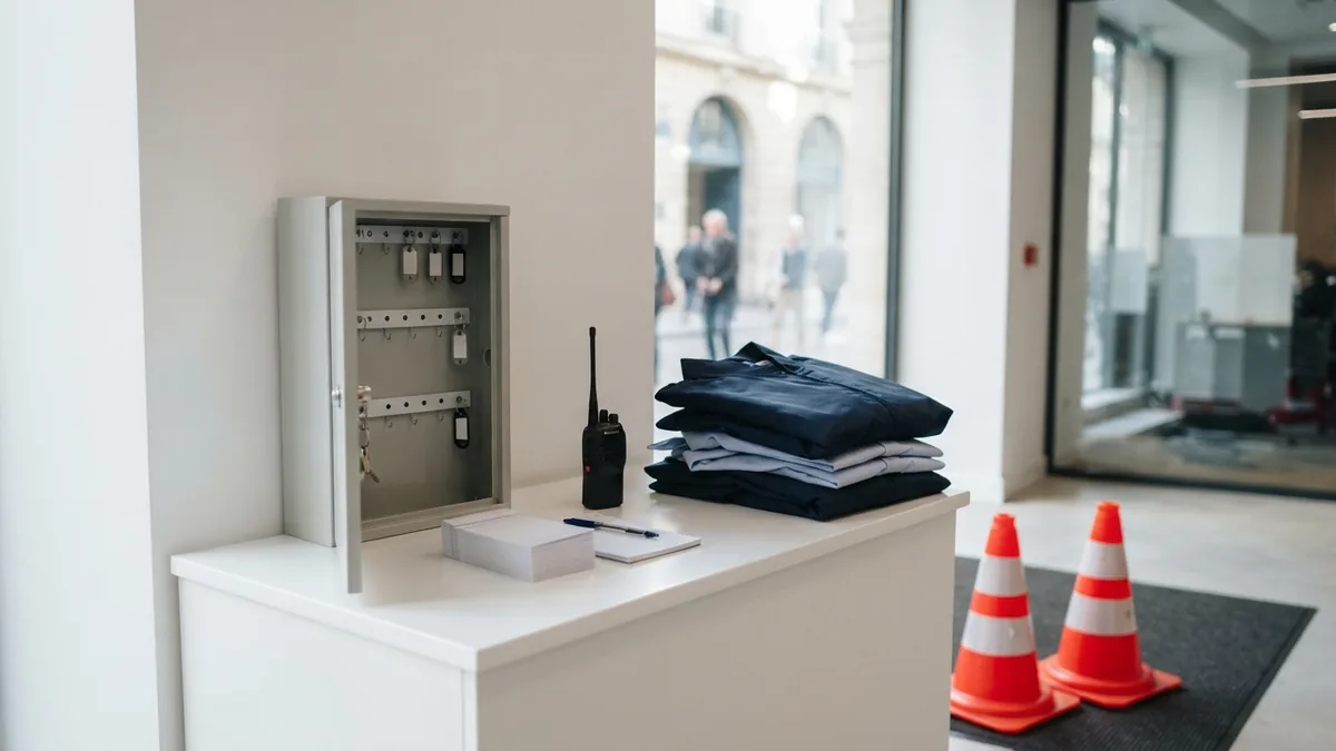 Valet equipment and key control station Valet equipment station with key cabinet, tickets, radio, uniforms, and cones