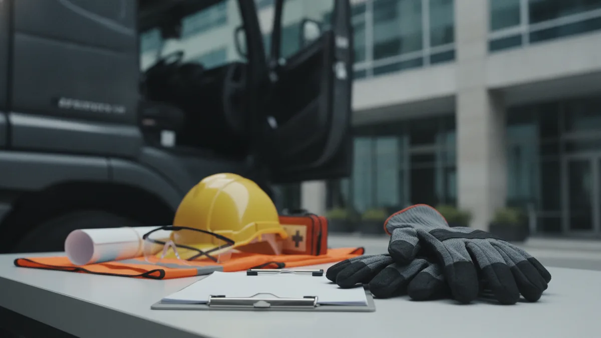 Permits and compliance first Safety gear and planning materials beside a waste truck for compliance prep