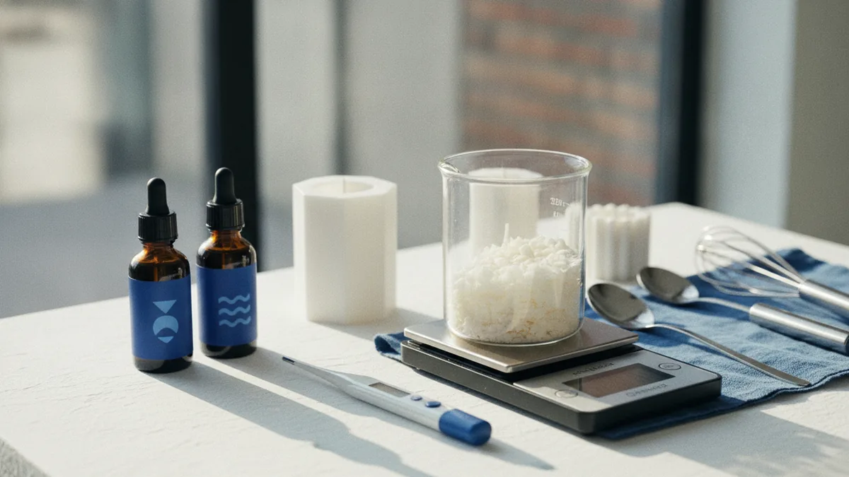 Soy wax and fragrance supplies ready for careful wax melt testing