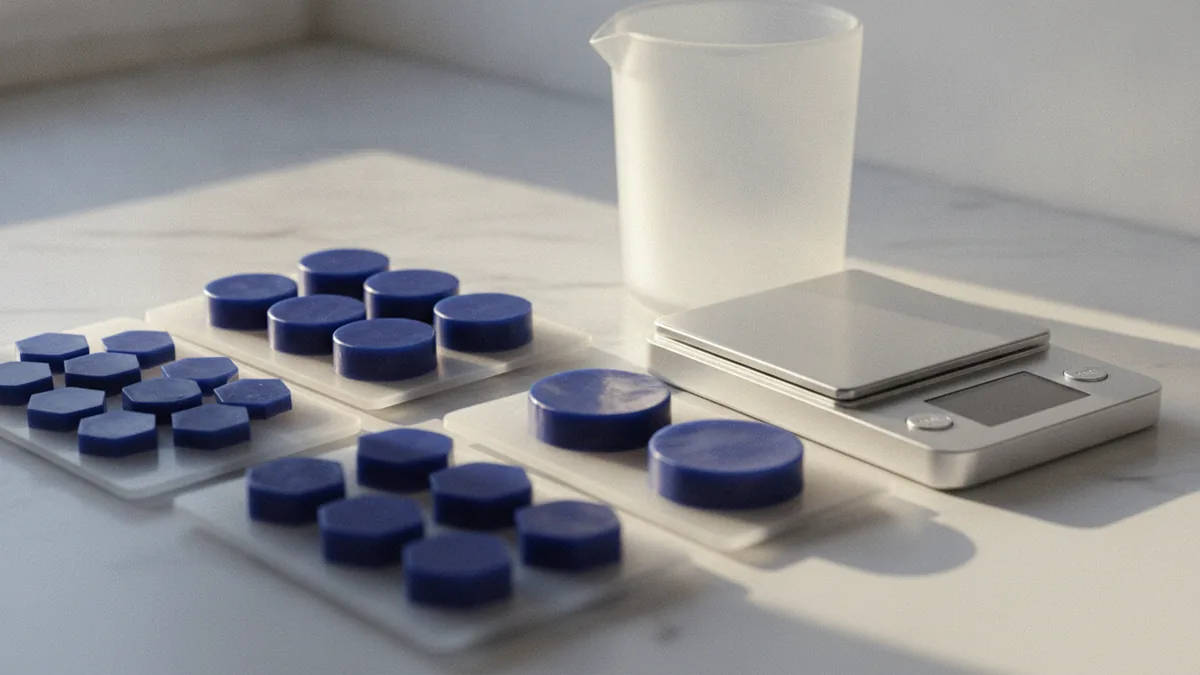 Wax melt recipe test pieces Small wax melt test pieces cooling in silicone moulds on a work surface