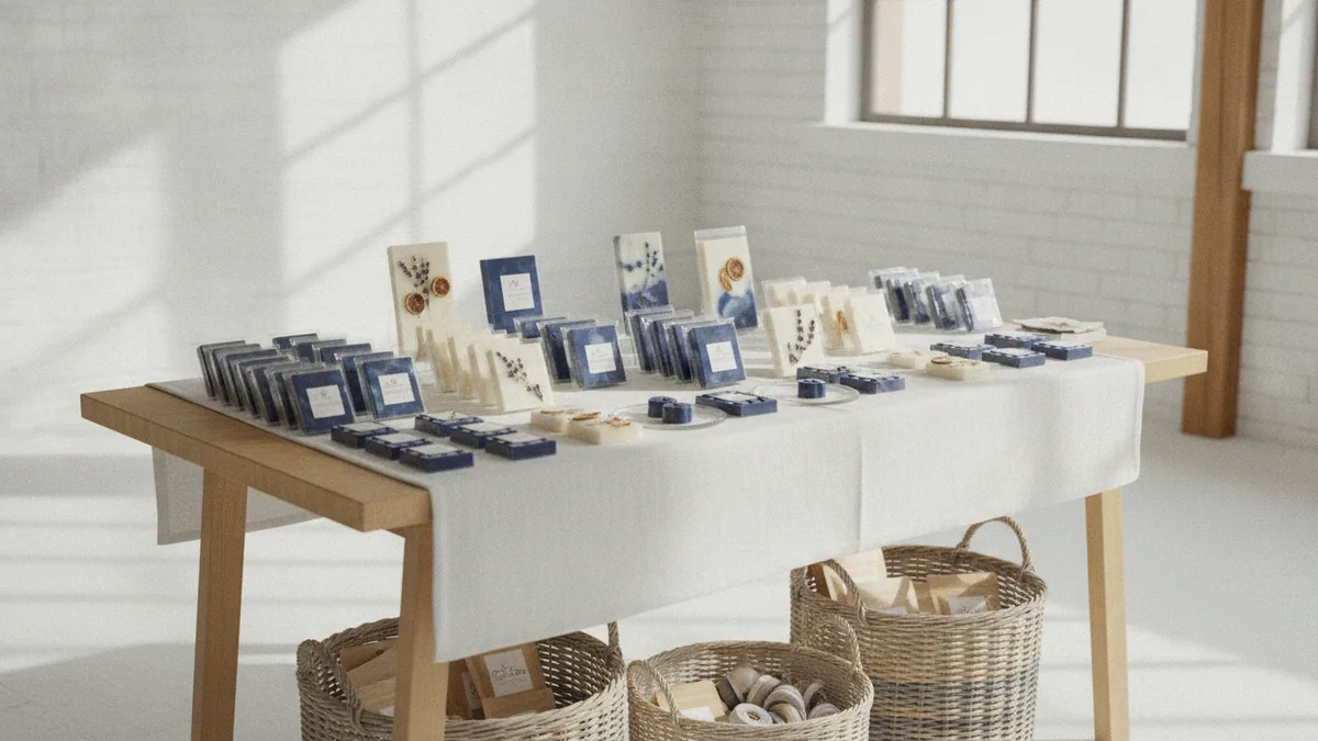 Wax melts ready for a market stall Colourful wax melt products arranged for an attractive market stall display
