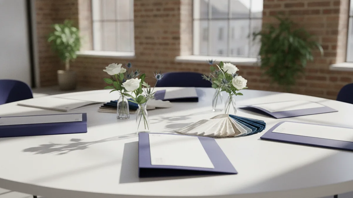 Wedding planner meeting vendors in a bright studio to discuss event plans