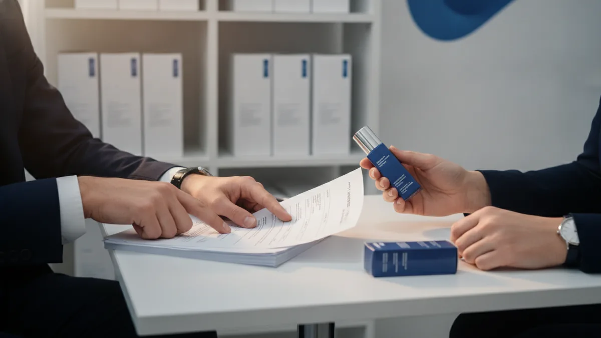 B2B buyers reviewing paperwork and product samples for wholesale orders