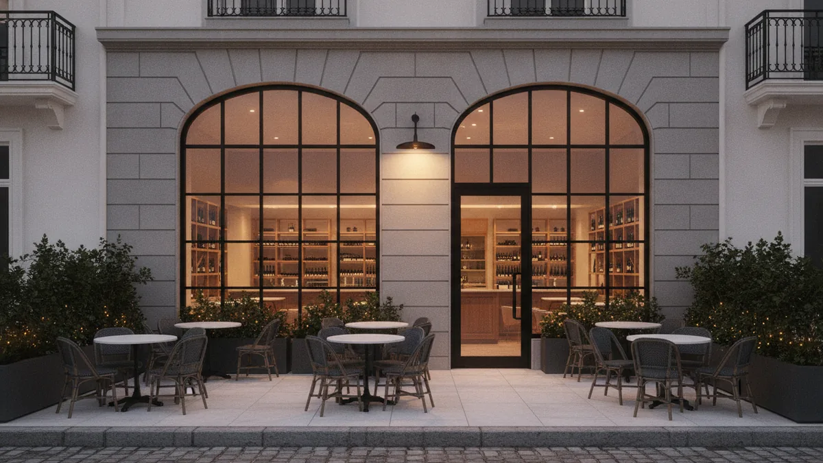 Neighborhood tasting room and wine bar atmosphere at dusk