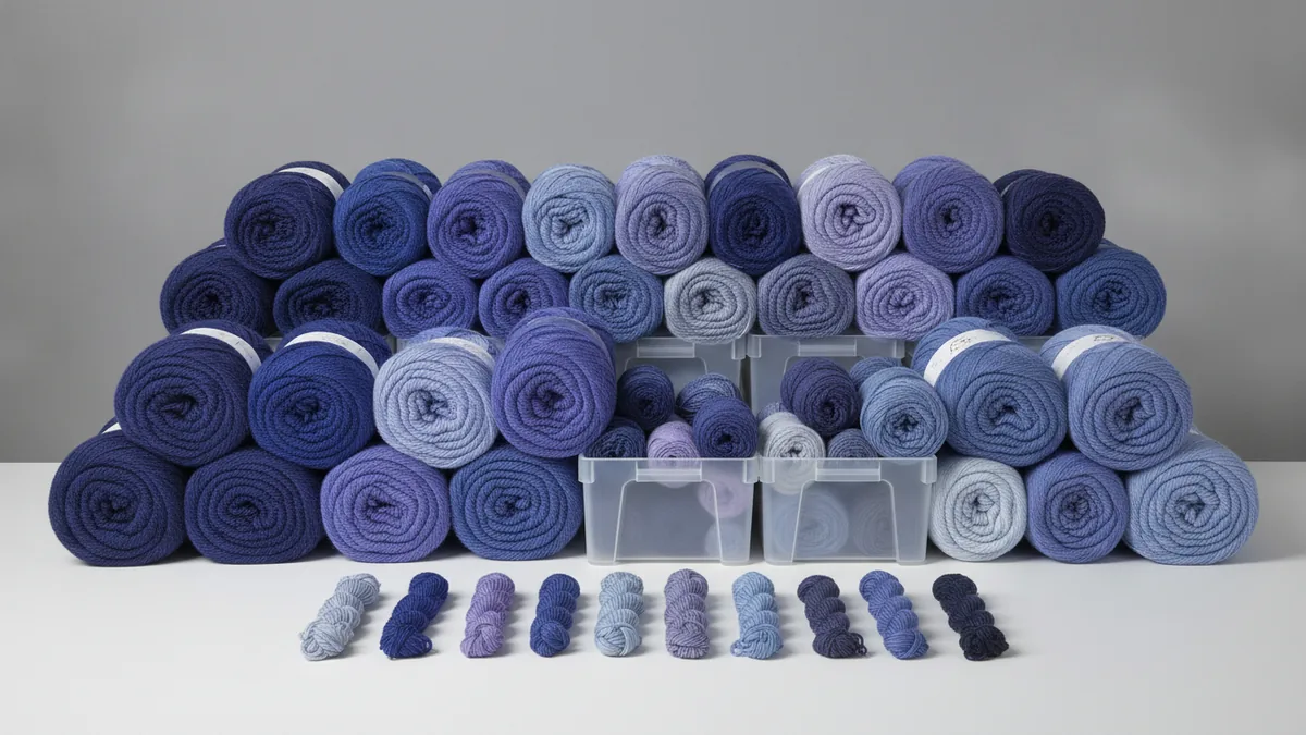 Yarn skeins and samples organized for supplier testing and inventory control