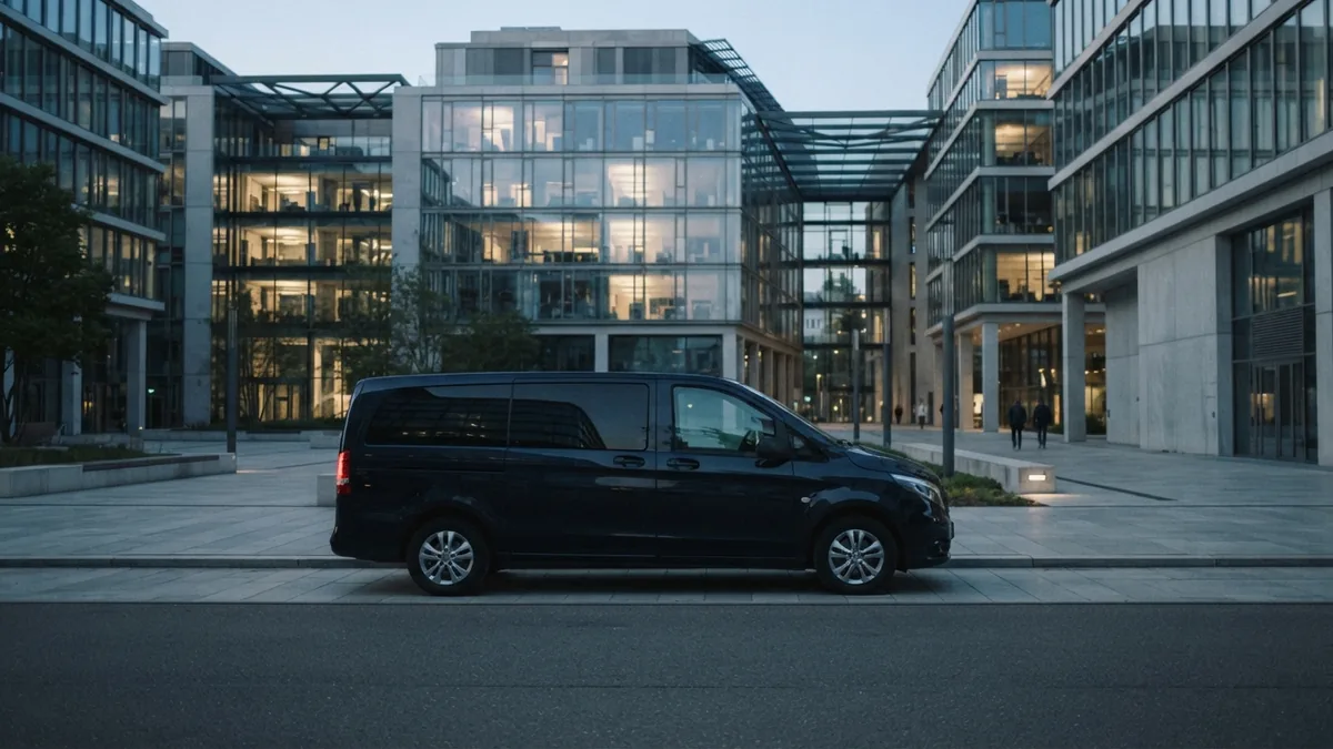 Clean passenger van parked beside modern European business buildings
