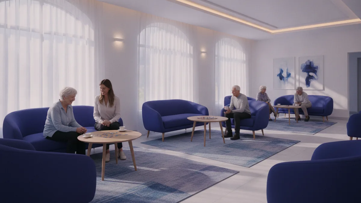 Cozy assisted living common area with comfortable seating and a calm atmosphere