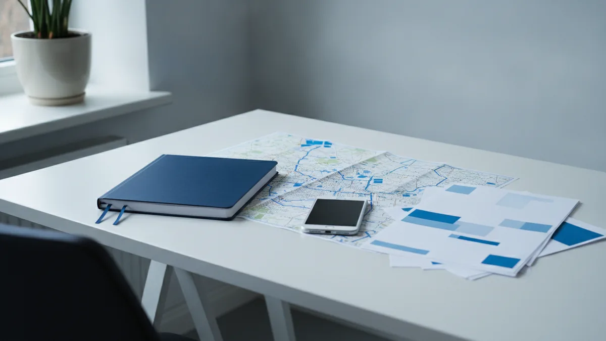 Market and competition planning Planning desk with map and notes for assisted living market analysis