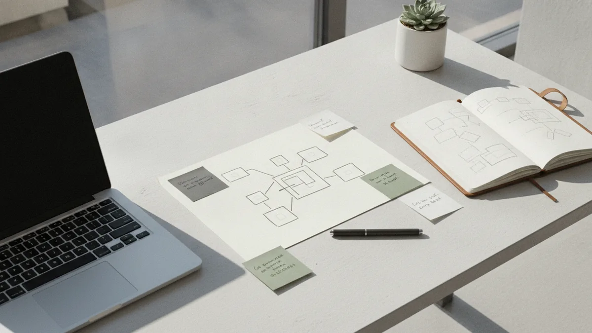 Plan the business around impact Planner reviewing eco business priorities at a tidy desk