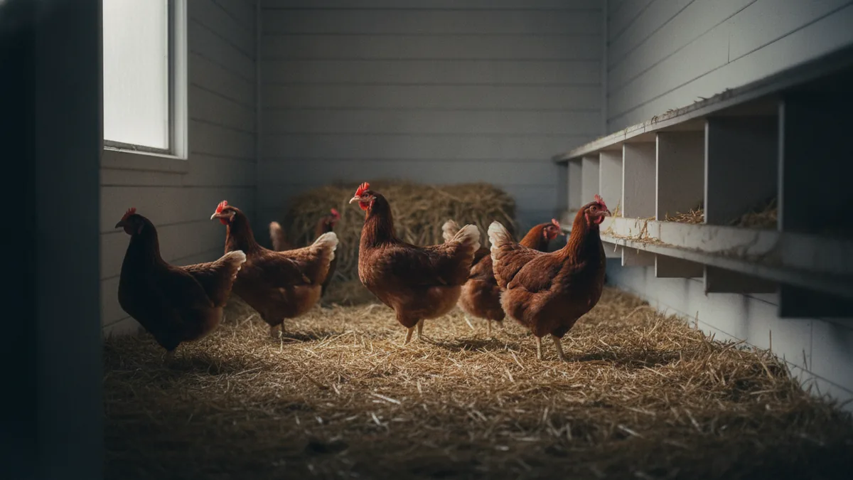 Layer hens near nesting boxes in a coop