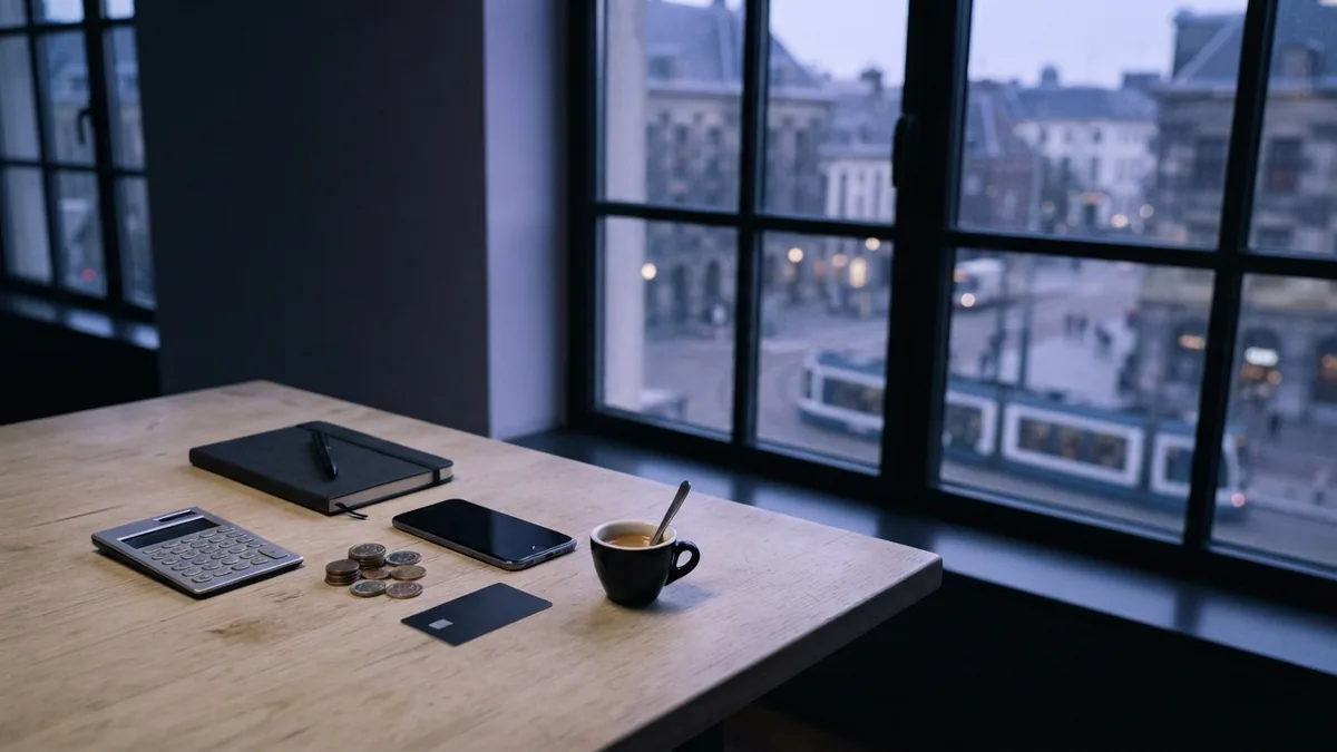 Co-working desk with phone, calculator, fuel card, and supplies for startup planning