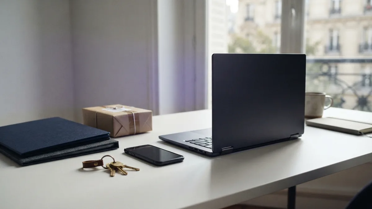 Organized home office desk with phone, keys, folders, and parcel for service setup