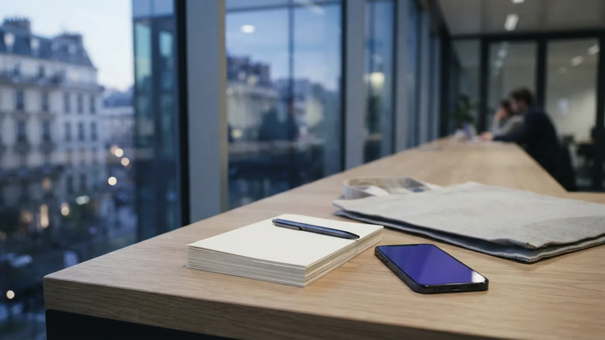 Local service marketing materials arranged on a calm co-working table