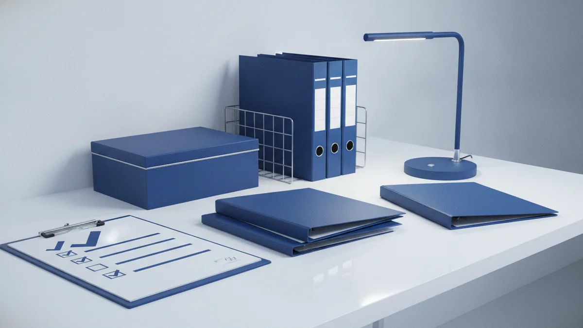 Organizing insurance licensing work Organized compliance desk with folders checklist and secure files