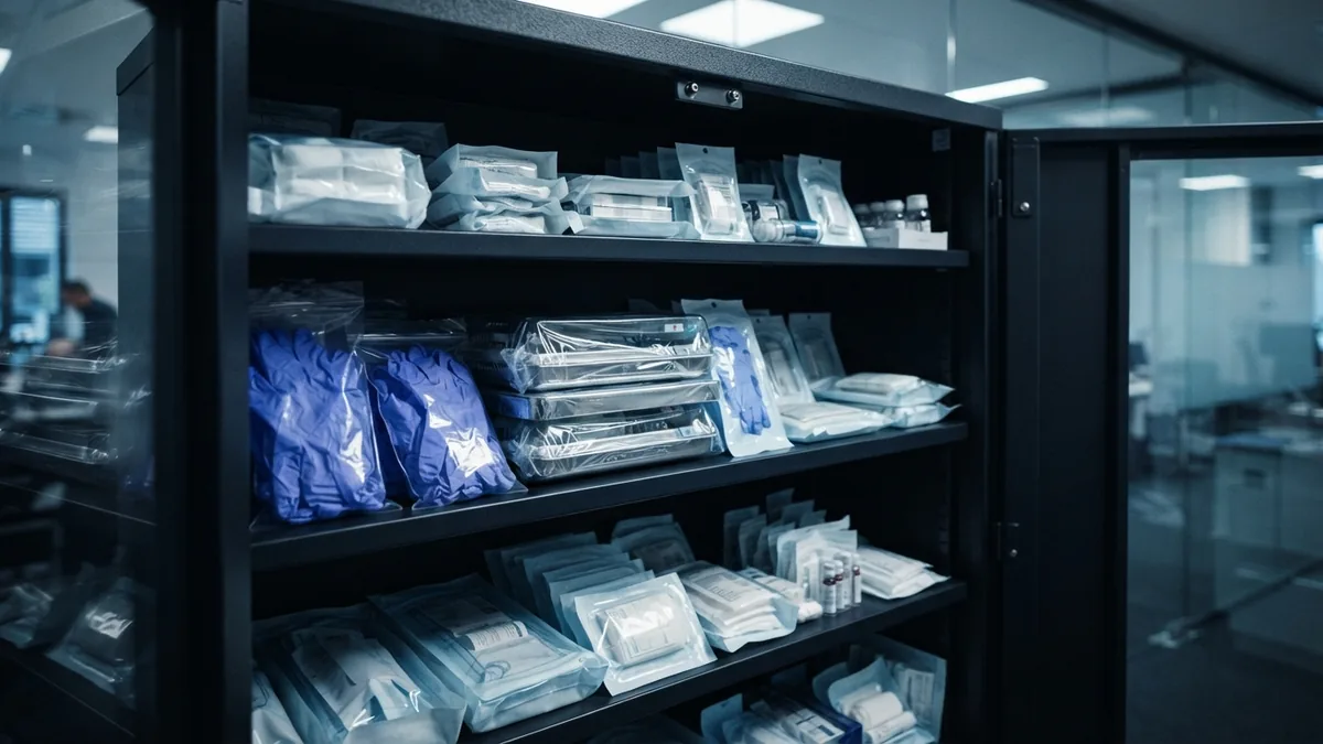 Organized IV care supplies Organized sterile supplies and storage for safe IV therapy operations