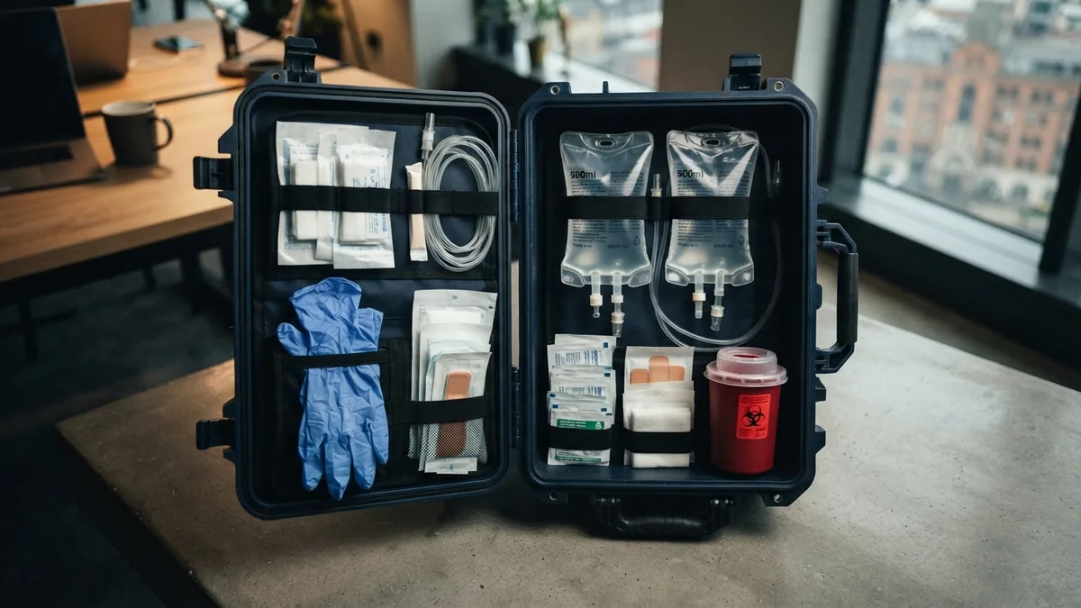 Mobile IV therapy equipment kit Mobile IV therapy kit with fluids, tubing, dressings, and safety supplies