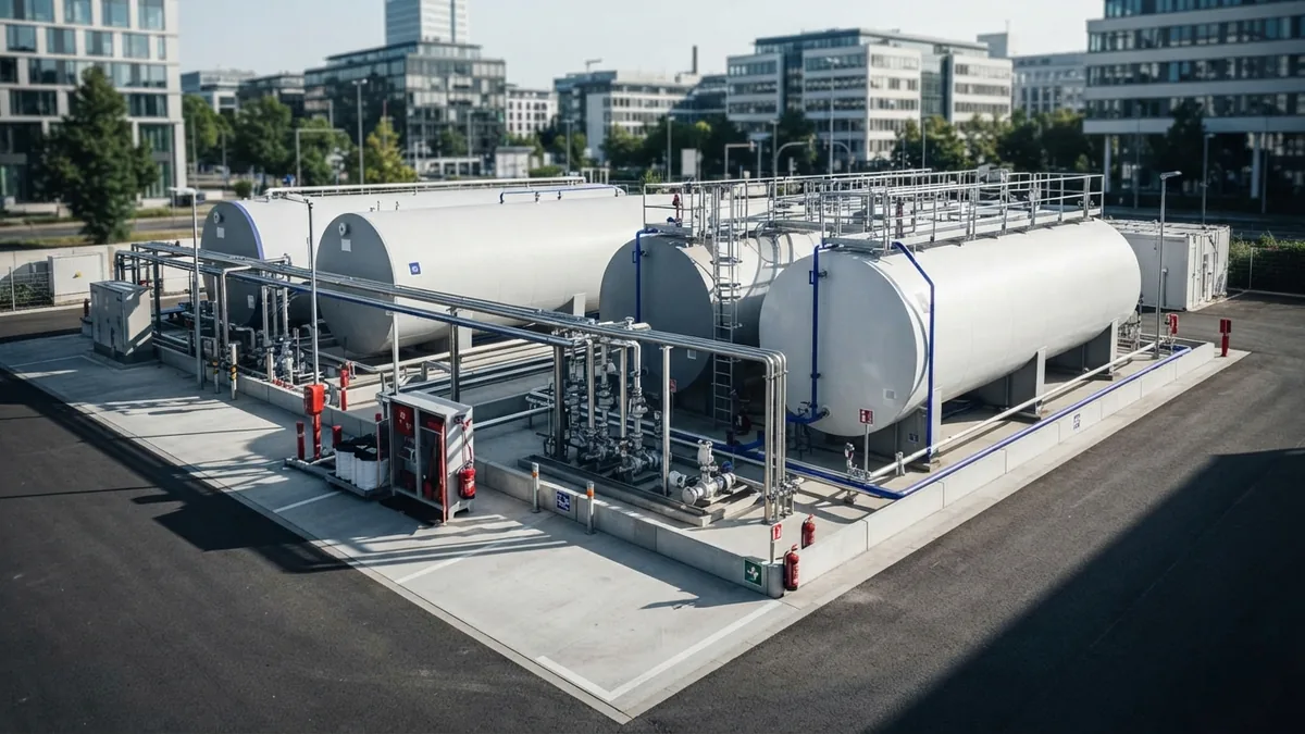Fuel storage facility with pumps, tanks, pipes, and spill control gear