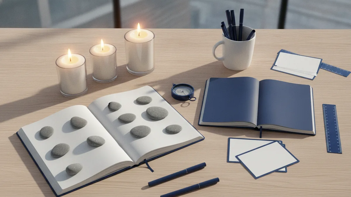 Planning a focused spiritual niche Focused niche planning scene with journals, stones, candles, and business notes