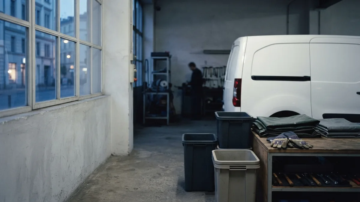 Collection tools and covered bins arranged beside a plain service vehicle