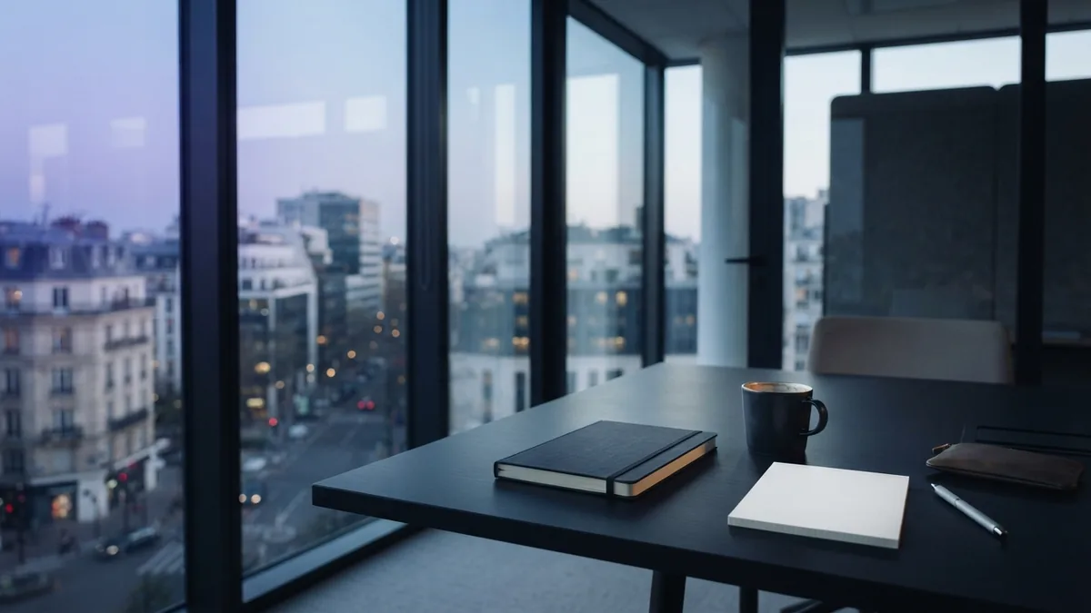 Quiet meeting room desk prepared for a waste business plan