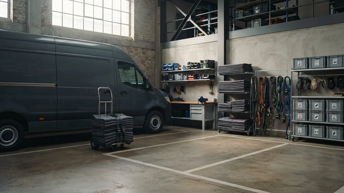 Choosing removal equipment Organized cargo vehicle area with hand trucks, straps, and safety gear