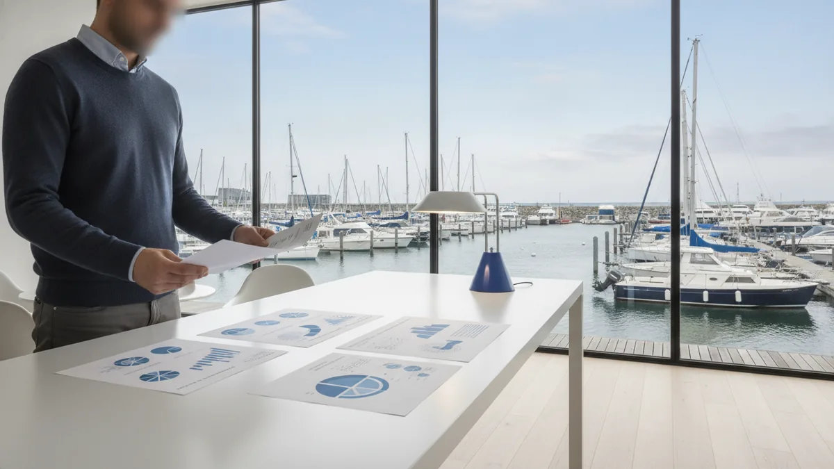 Professional document review with marina view in the background