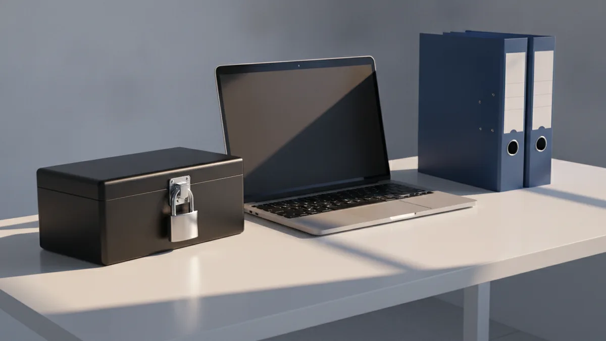 Secure records handling setup Secure records workspace with locked file storage and computer equipment