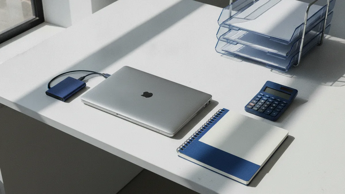 Business research toolkit with laptop, spreadsheet notebook, and storage drive