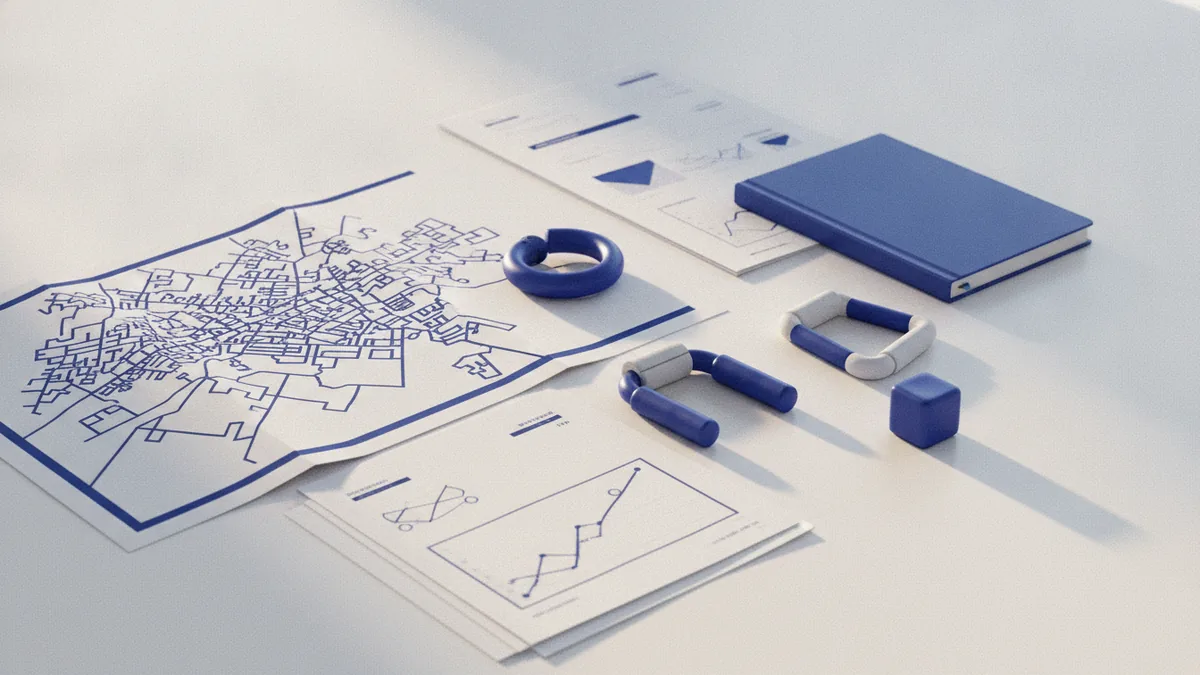 Fitness market research scene with maps, notes, pricing sheets, and training gear