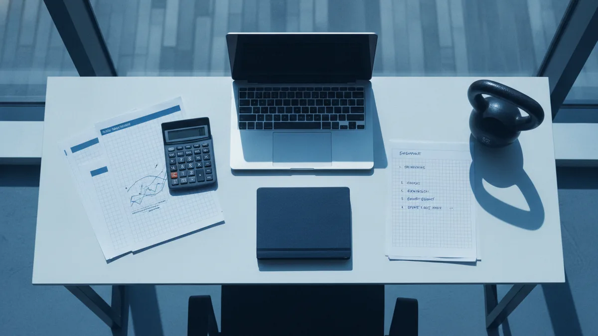Fitness business planning desk with budget sheets, calculator, and gym equipment list
