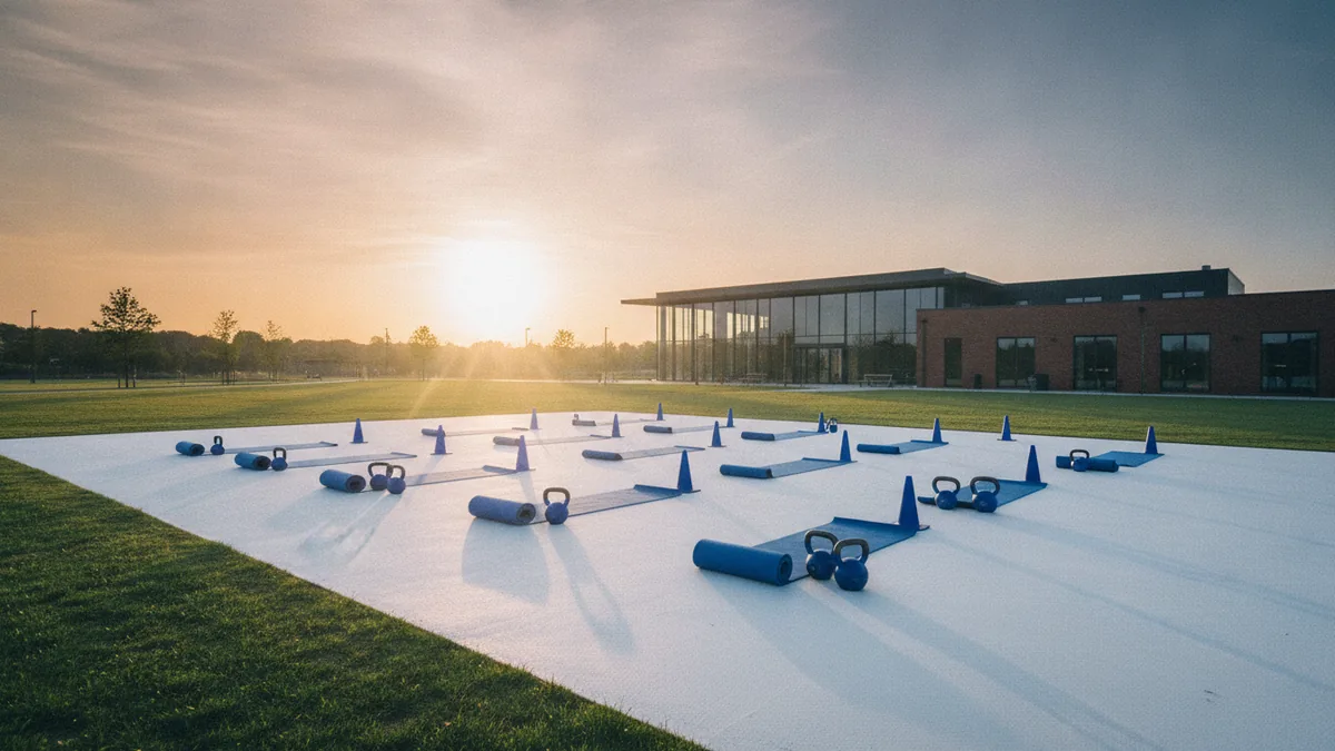 A community fitness marketing event Local outdoor boot camp setup with cones, mats, kettlebells, and open space