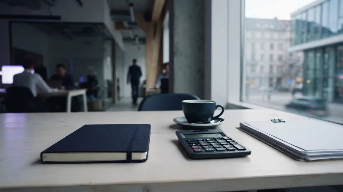 Quiet business planning desk with a notebook, calculator, coffee, and cost papers