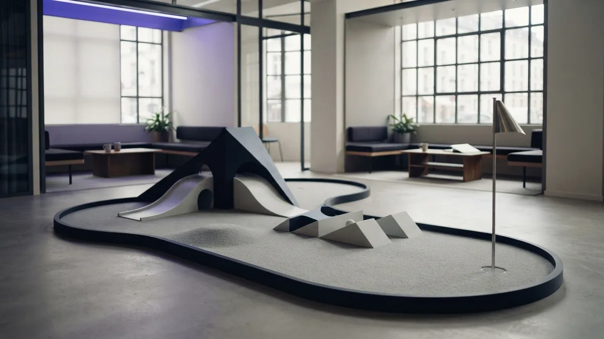 Designing a memorable mini golf course Distinctive empty mini golf hole with sculptural obstacles and varied playing levels