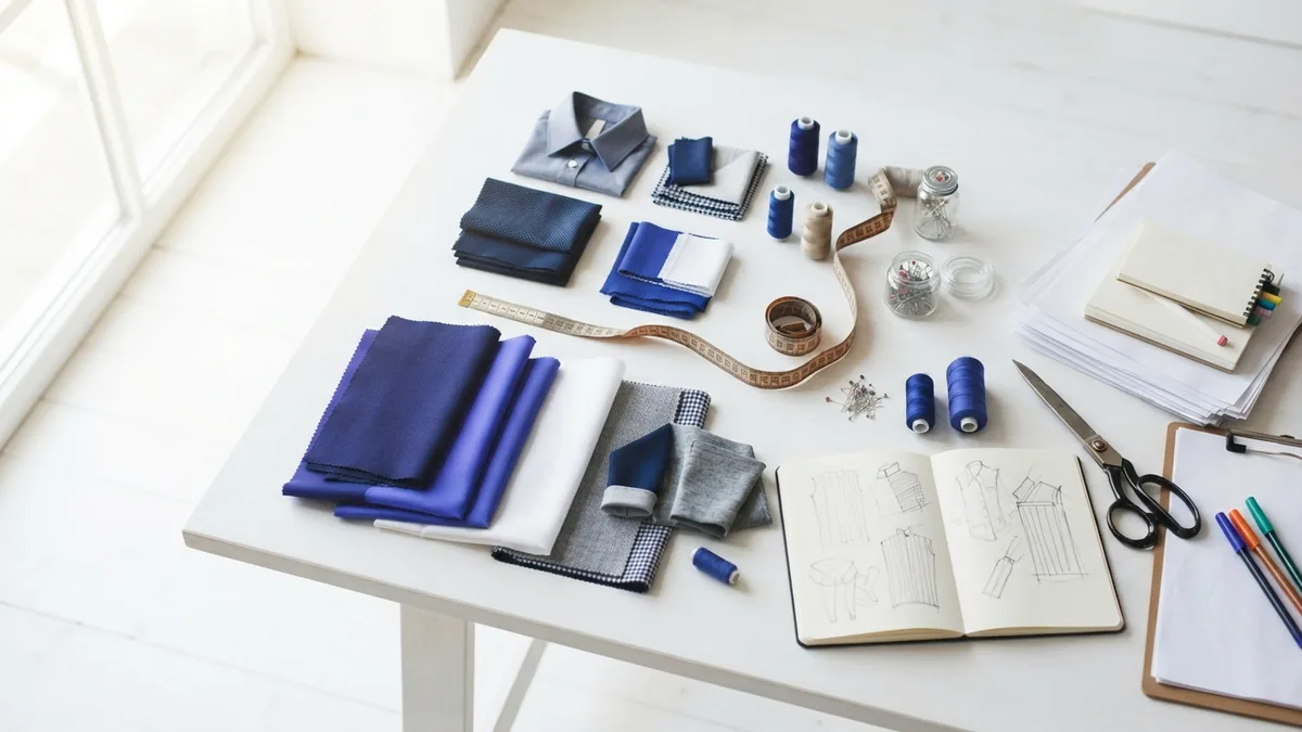 Fabric samples and market notes arranged on a worktable for textile research