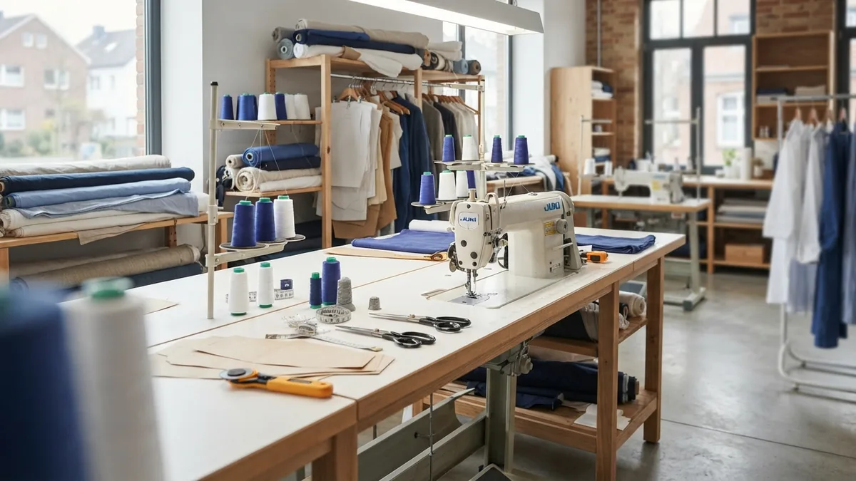 Workers’ tools and fabric rolls in an organized textile production space