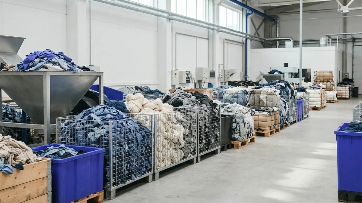 Textile recycling materials and sorting Sorted fabric scraps and recovered fibers in a clean textile recycling facility