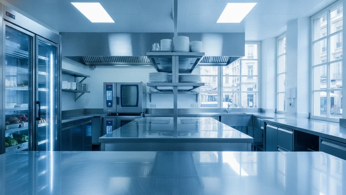 Safe commercial kitchen setup Clean commercial kitchen with prep tables, ovens, cold storage, and food equipment