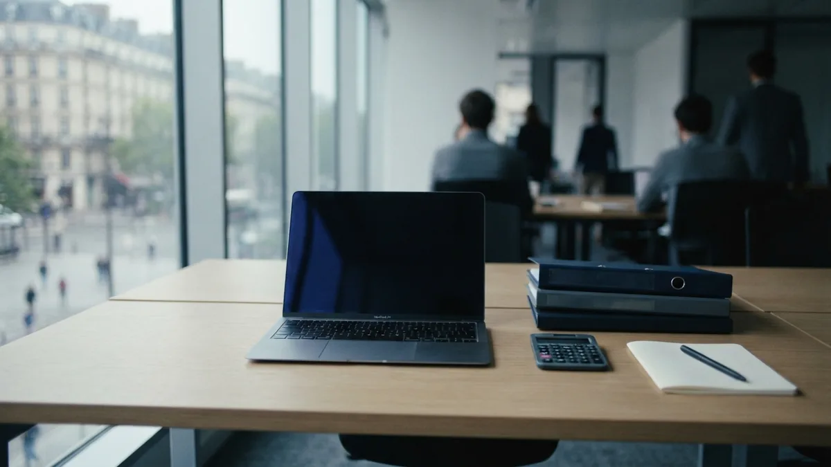 Organized desk with cost folders and tools for construction business planning