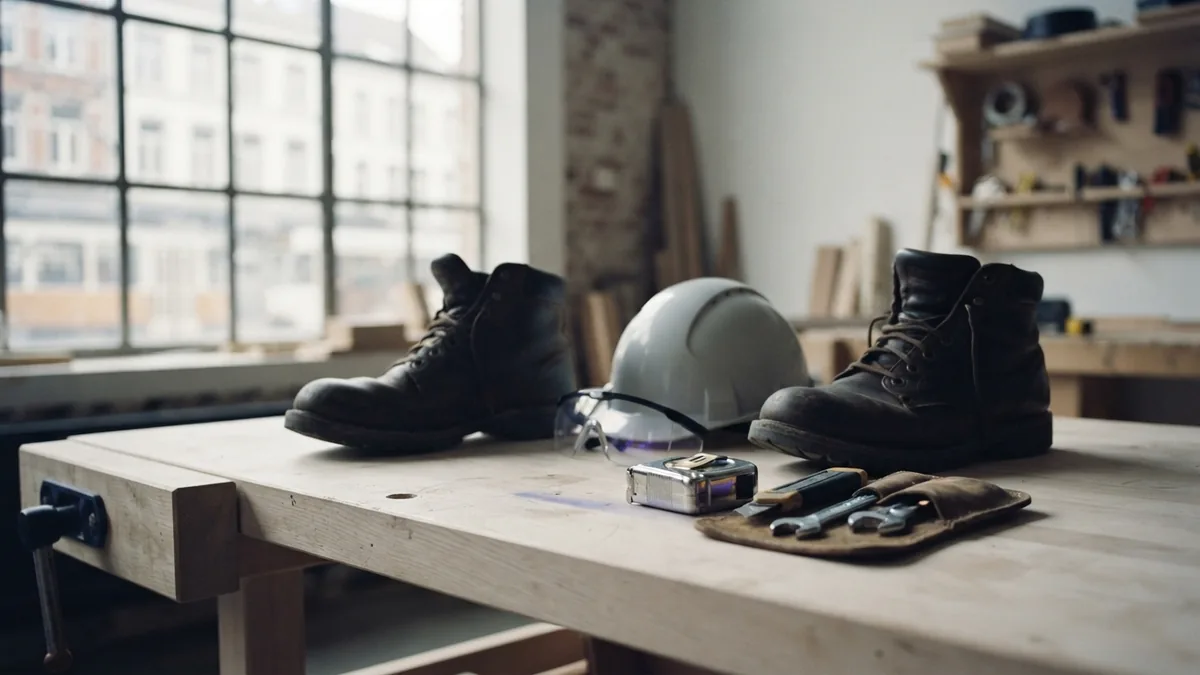 Construction tools and safety gear Safety gear and essential tools arranged for a new construction company