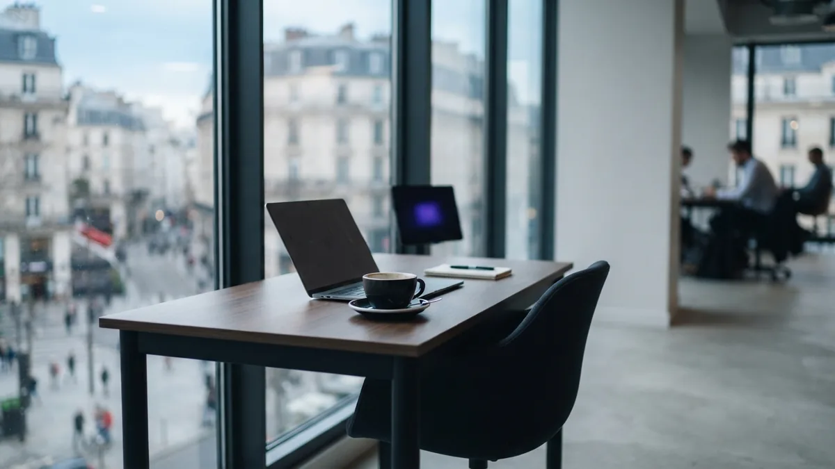 Minimal co-working desk showing the calm and flexible side of consulting work