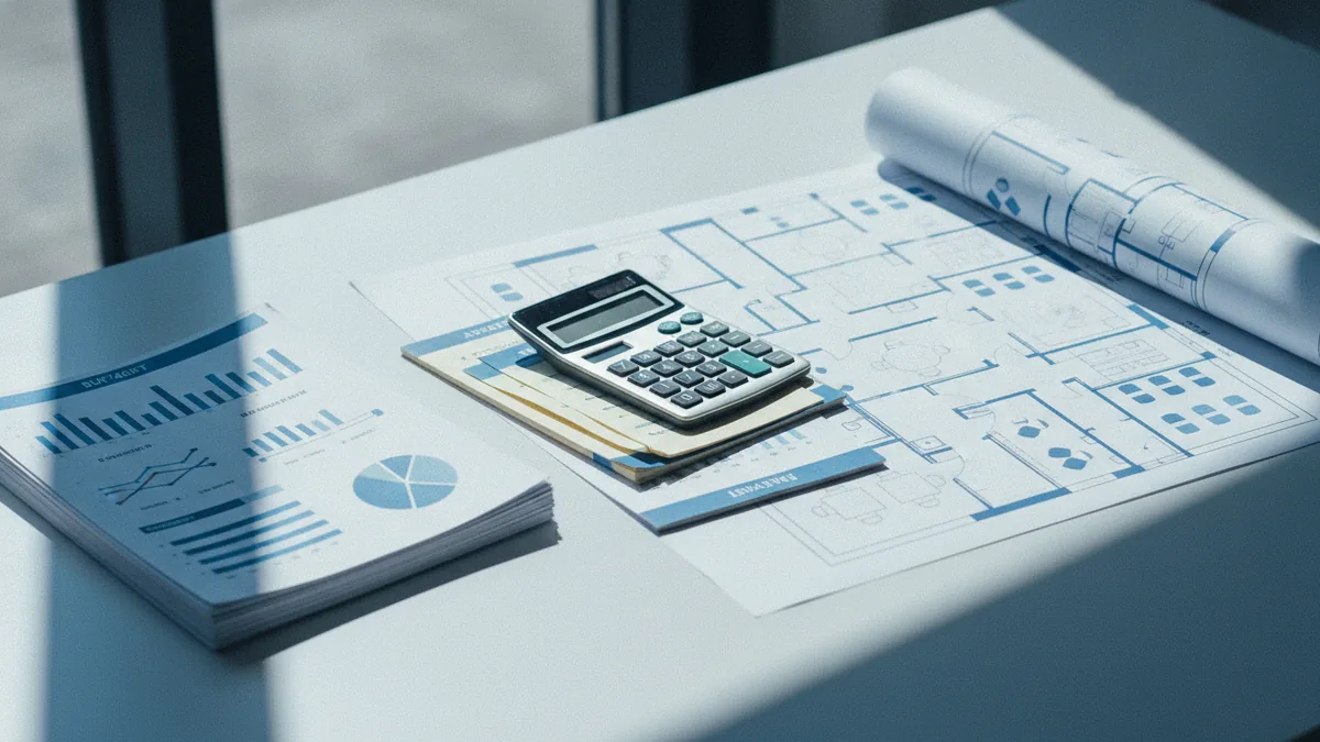Restaurant business plan with budget papers and calculator on a work table